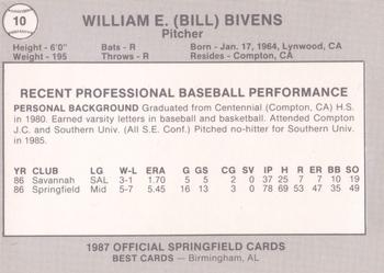 1987 Best Springfield Cardinals #10 William E. Bivens Back