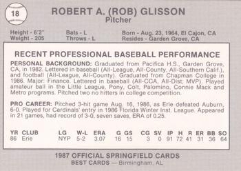 1987 Best Springfield Cardinals #18 Bob Glisson Back
