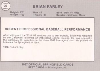 1987 Best Springfield Cardinals #20 Brian Farley Back