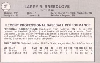 1987 Best Springfield Cardinals #21 Larry Breedlove Back
