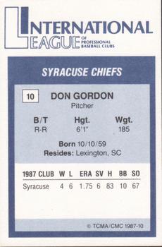 1987 TCMA International League All-Stars #10 Don Gordon Back