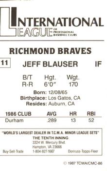 1987 TCMA Richmond Braves #11 Jeff Blauser Back