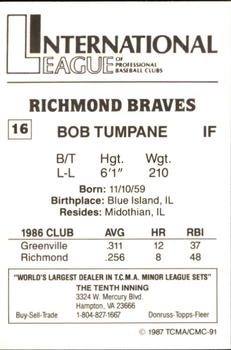 1987 TCMA Richmond Braves #16 Bob Tumpane Back