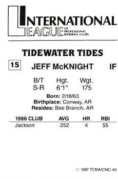 1987 TCMA Tidewater Tides #15 Jeff McKnight Back