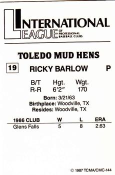 1987 TCMA Toledo Mud Hens #19 Ricky Barlow Back