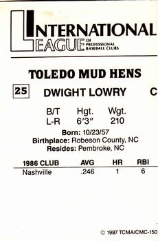 1987 TCMA Toledo Mud Hens #25 Dwight Lowry Back