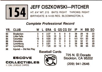 1989 Cal League #154 Jeff Ciszkowski Back