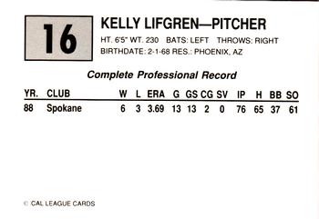 1989 Cal League #16 Kelly Lifgren Back