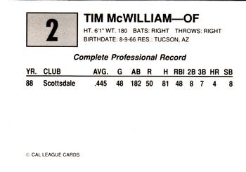 1989 Cal League #2 Tim McWilliam Back