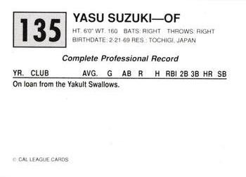 1989 Cal League #135 Yasu Suzuki Back