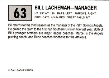 1989 Cal League #63 Bill Lachemann Back