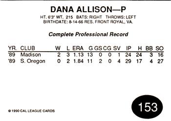 1990 Cal League #153 Dana Allison Back