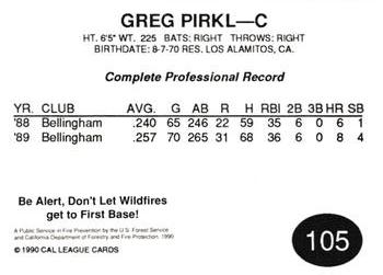 1990 Cal League #105 Greg Pirkl Back