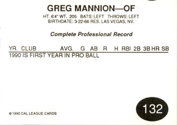 1990 Cal League #132 Greg Mannion Back