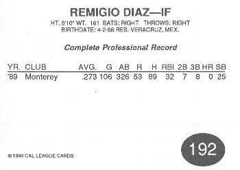 1990 Cal League #192 Remigio Diaz Back