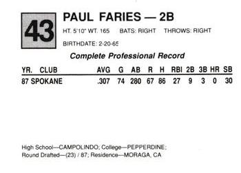 1988 Cal League All-Stars #43 Paul Faries Back