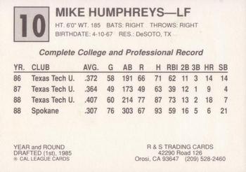 1989 Cal League All-Stars #10 Mike Humphreys Back