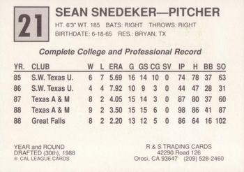 1989 Cal League All-Stars #21 Sean Snedeker Back