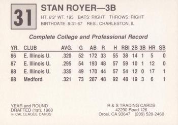 1989 Cal League All-Stars #31 Stan Royer Back