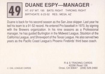 1989 Cal League All-Stars #49 Duane Espy Back