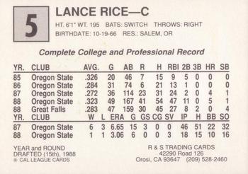1989 Cal League All-Stars #5 Lance Rice Back