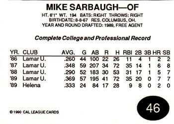 1990 Cal League All-Stars #46 Mike Sarbaugh Back