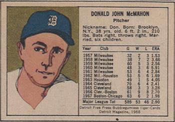 1968 Detroit Free Press Bubblegumless Detroit Tigers #NNO Don McMahon Back