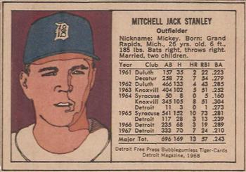 1968 Detroit Free Press Bubblegumless Detroit Tigers #NNO Mickey Stanley Back