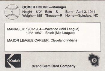 1988 Grand Slam Beloit Brewers #1 Gomer Hodge Back