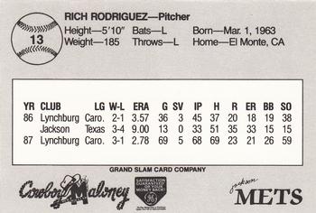 1988 Grand Slam Jackson Mets #13 Rich Rodriguez Back