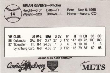 1988 Grand Slam Jackson Mets #14 Brian Givens Back