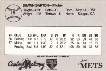 1988 Grand Slam Jackson Mets #19 Shawn Barton Back
