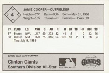 1988 Grand Slam Midwest League All-Stars #4 Jamie Cooper Back