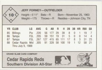 1988 Grand Slam Midwest League All-Stars #10 Jeff Forney Back