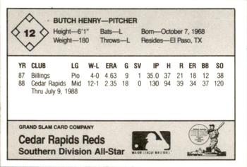 1988 Grand Slam Midwest League All-Stars #12 Butch Henry Back