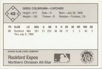 1988 Grand Slam Midwest League All-Stars #42 Greg Colbrunn Back