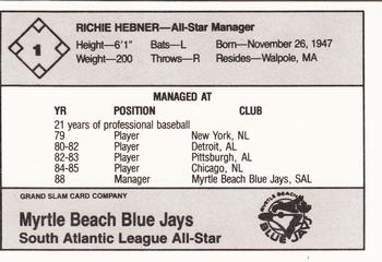 1988 Grand Slam South Atlantic League All-Stars #1 Richie Hebner Back
