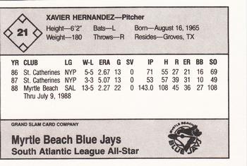 1988 Grand Slam South Atlantic League All-Stars #21 Xavier Hernandez Back