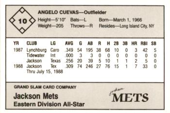 1988 Grand Slam Texas League All-Stars #10 Angelo Cuevas Back