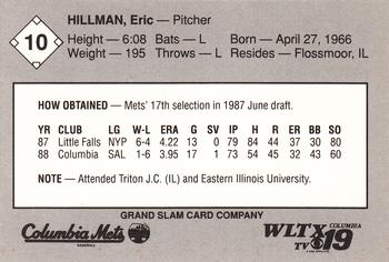 1989 Grand Slam Columbia Mets #10 Eric Hillman Back