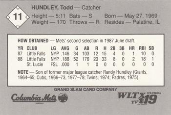 1989 Grand Slam Columbia Mets #11 Todd Hundley Back