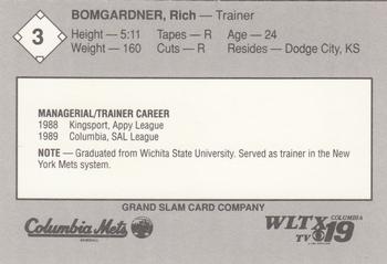 1989 Grand Slam Columbia Mets #3 Rich Bomgardner Back