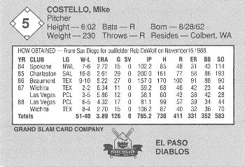 1989 Grand Slam El Paso Diablos #5 Mike Costello Back