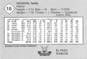 1989 Grand Slam El Paso Diablos #16 Teddy Higuera Back