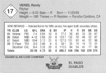 1989 Grand Slam El Paso Diablos #17 Randy Veres Back