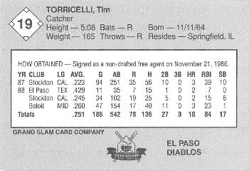1989 Grand Slam El Paso Diablos #19 Tim Torricelli Back