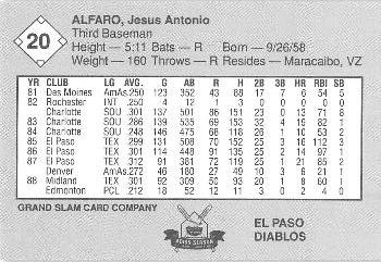 1989 Grand Slam El Paso Diablos #20 Jesus Alfaro Back