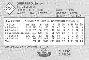 1989 Grand Slam El Paso Diablos #22 Sandy Guerrero Back