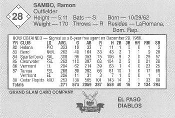 1989 Grand Slam El Paso Diablos #28 Ramon Sambo Back
