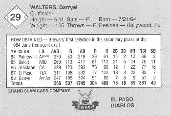 1989 Grand Slam El Paso Diablos #29 Darryel Walters Back